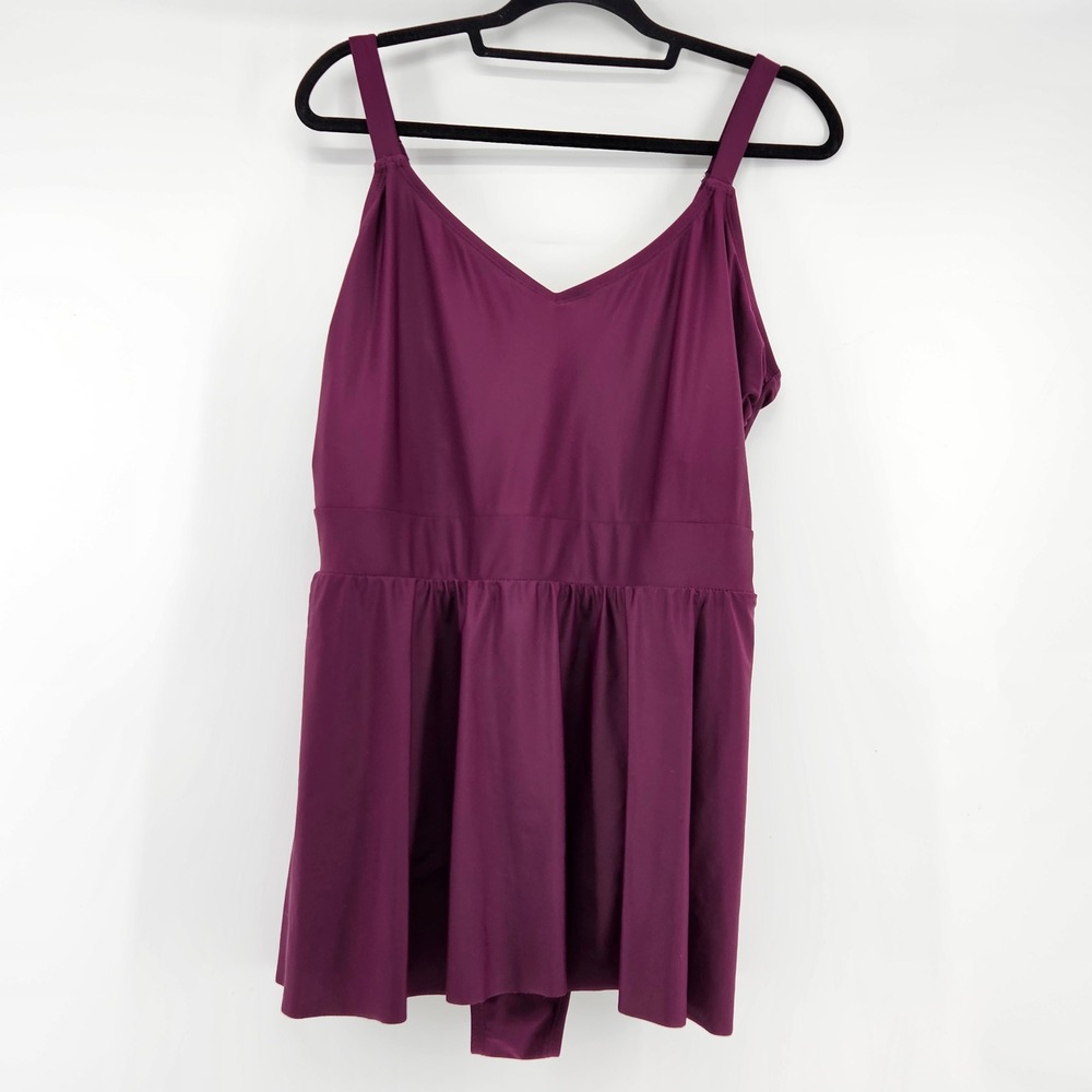 Purple Empire Waist Swimdress Adjustable Straps One Piece Swimsuit XL
